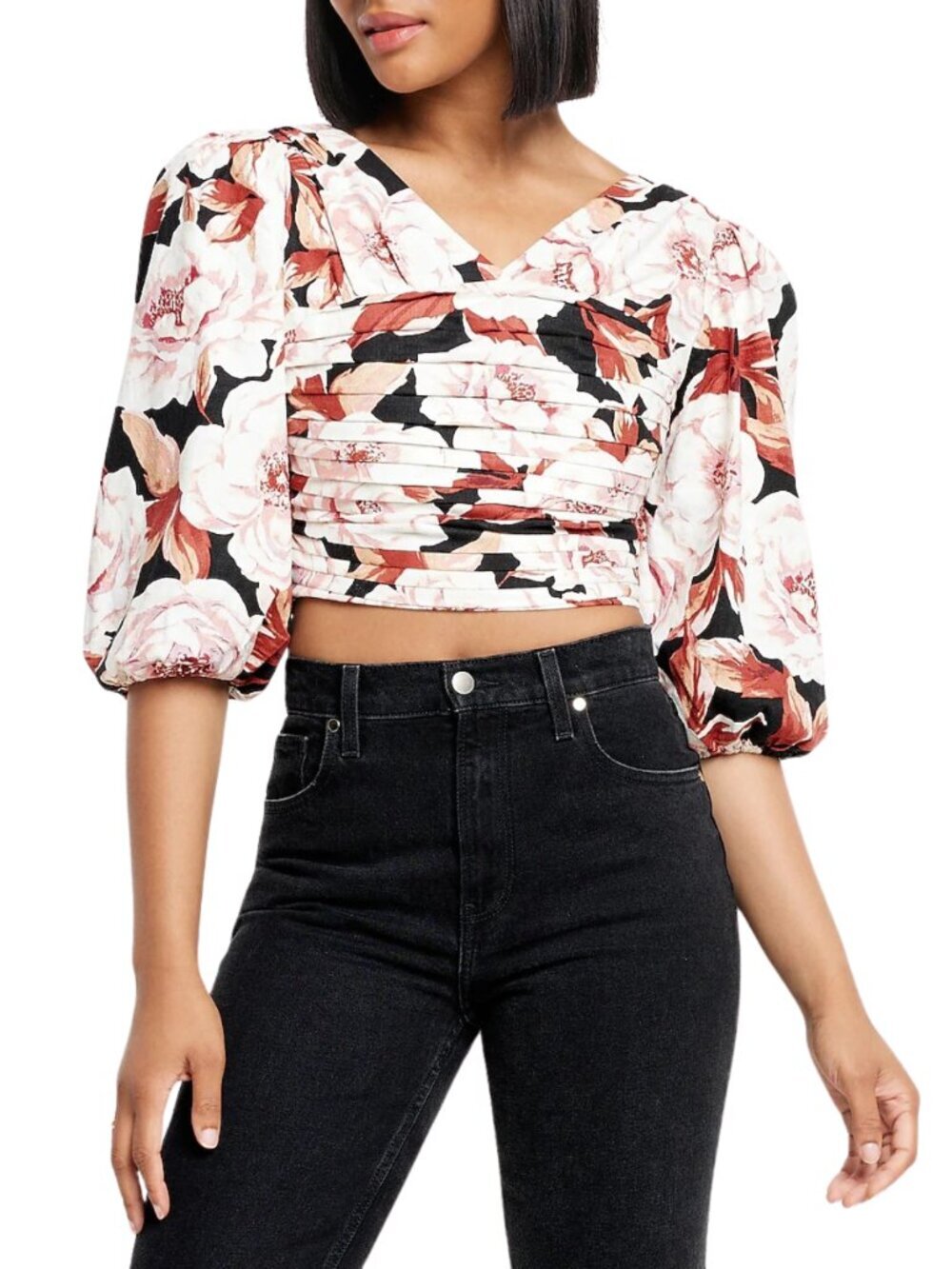😍 NWT 😍 Express Floral Print Linen-Blend Ruched Cropped Top, Size XS